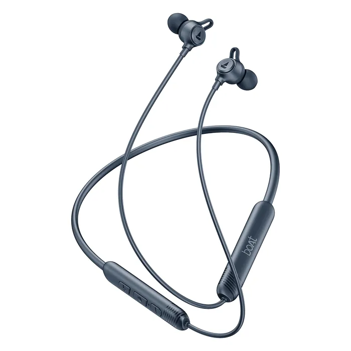 boAt Rockerz Strive wireless neckband earphones in Bold Blue, full neckband with the earbuds and the controls on the band