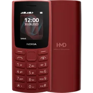 Nokia 105 single SIM in Red Terracotta, front view with the 1.8-inch screen and keypad, next to the back with the HMD logo