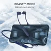 boAt Rockerz Trinity wireless neckband earphones in Just Blue, with a phone, BEAST Mode low latency