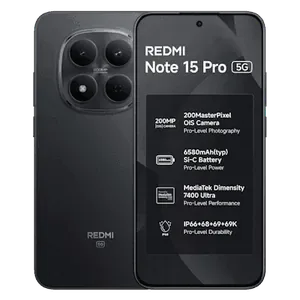 Xiaomi Redmi Note 15 Pro 5G in Carbon Black, back and front views, with the screen listing the 200MP camera, 6580mAh battery and Dimensity 7400-Ultra