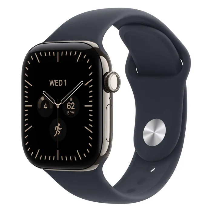 Apple Watch Series 12 42mm in Natural Titanium with the Navy Blue Sport Band, three-quarter view with the watch face on