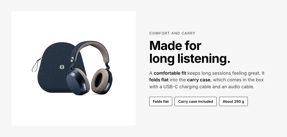 Sennheiser Momentum 5 Wireless in Denim with its carry case, folds flat, about 290 g