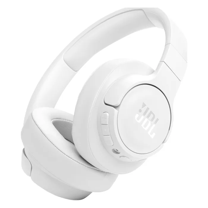 JBL Tune 770NC wireless over-ear noise cancelling headphones in White, angled view of the headphones