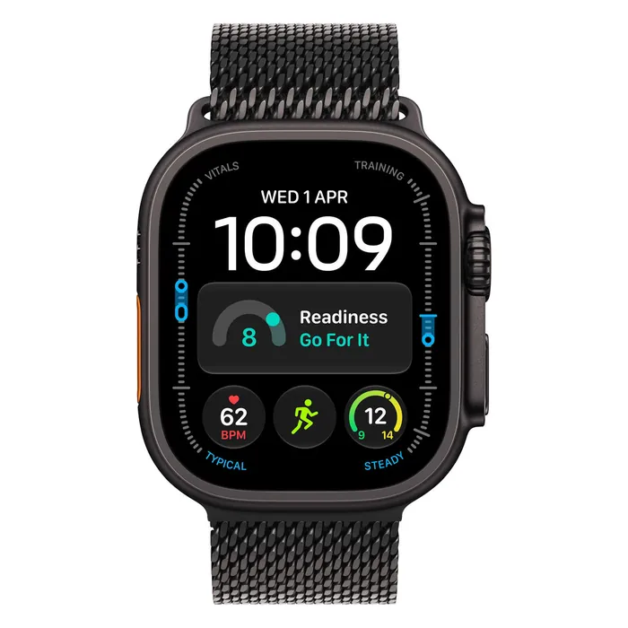 Apple Watch Ultra 4 in Black Titanium with the Black Titanium Milanese Loop, front view with the watch face on