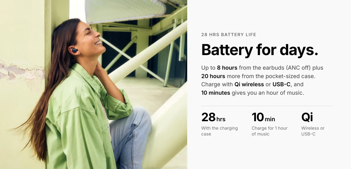 Sennheiser Accentum True Wireless 28 hours with the case, 10 minute quick charge, Qi wireless or USB-C