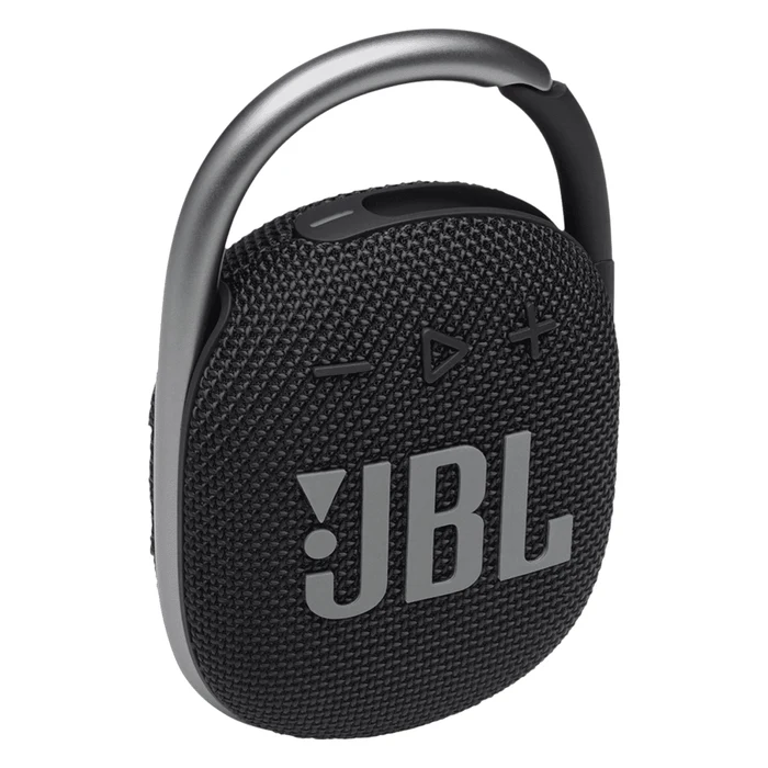 JBL Clip 4 portable Bluetooth speaker in Black, angled front view