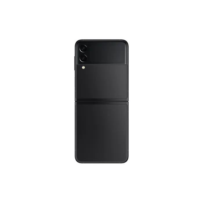Samsung Galaxy Z Flip 3 in Phantom Black, fully open, back view showing the dual cameras and the cover screen
