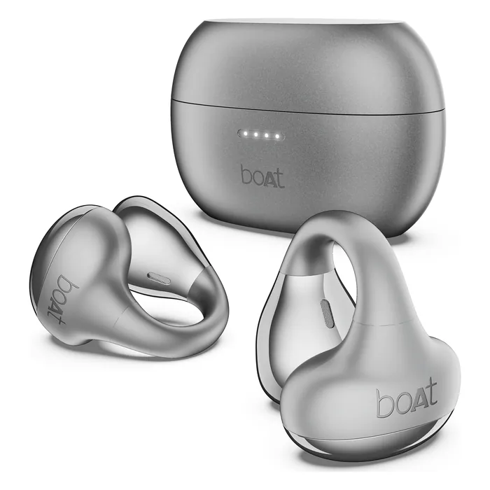 boAt Airdopes Loop open ear true wireless earbuds in Cool Grey, clip-on earbuds and charging case