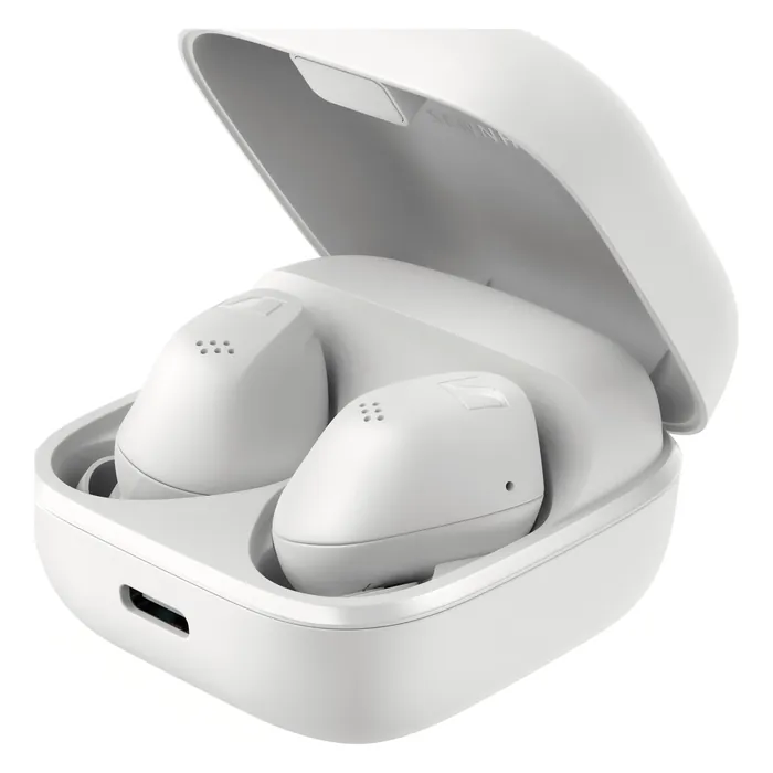 Sennheiser Accentum True Wireless noise cancelling earbuds in White, earbuds in the open charging case