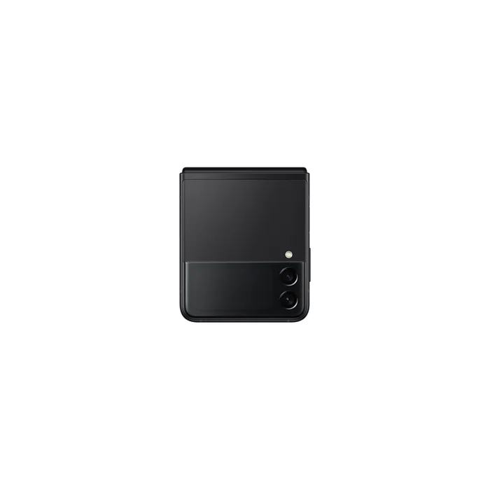 Samsung Galaxy Z Flip 3 in Phantom Black, folded, showing the 1.9-inch cover screen and dual cameras