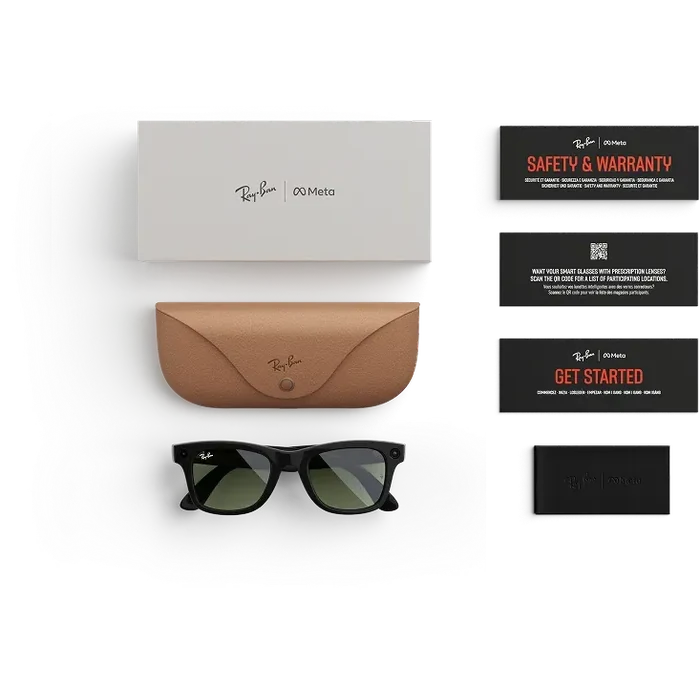 Ray-Ban Meta Wayfarer (Gen 2) in Shiny Black with G-15 Green lenses, what is in the box: glasses, charging case and guides
