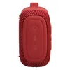 JBL Go 5 portable Bluetooth speaker in Red, side view with the power, Bluetooth and Auracast buttons