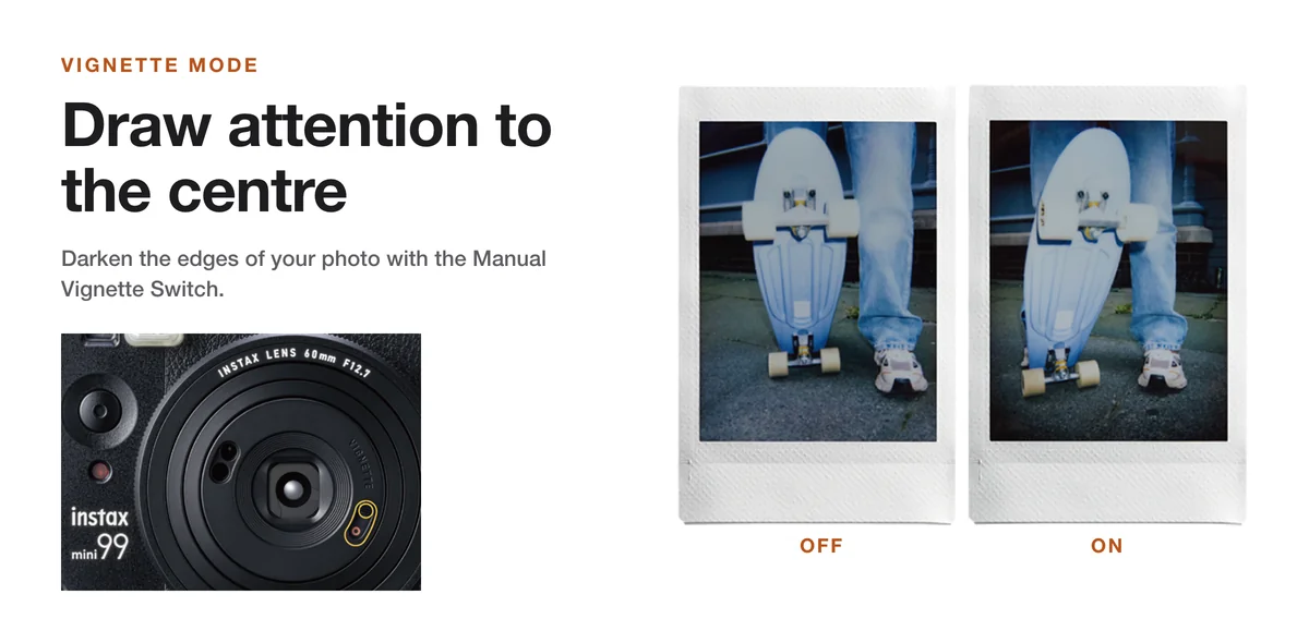 Fujifilm Instax Mini 99 Vignette Mode, prints with the Manual Vignette Switch off and on