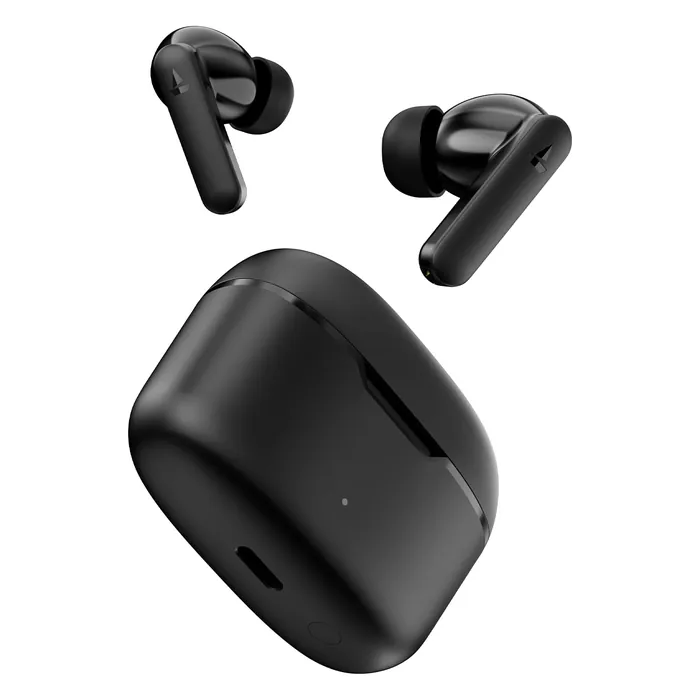 boAt Airdopes Ultra Plus true wireless earbuds in Midnight Black, earbuds beside the charging case