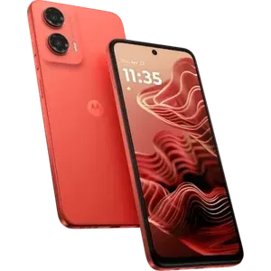 Motorola Moto G35 5G in Guava Red, angled back and front views