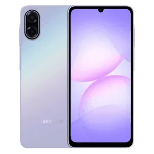 Samsung Galaxy A07 5G in Light Violet, back and front views with key features
