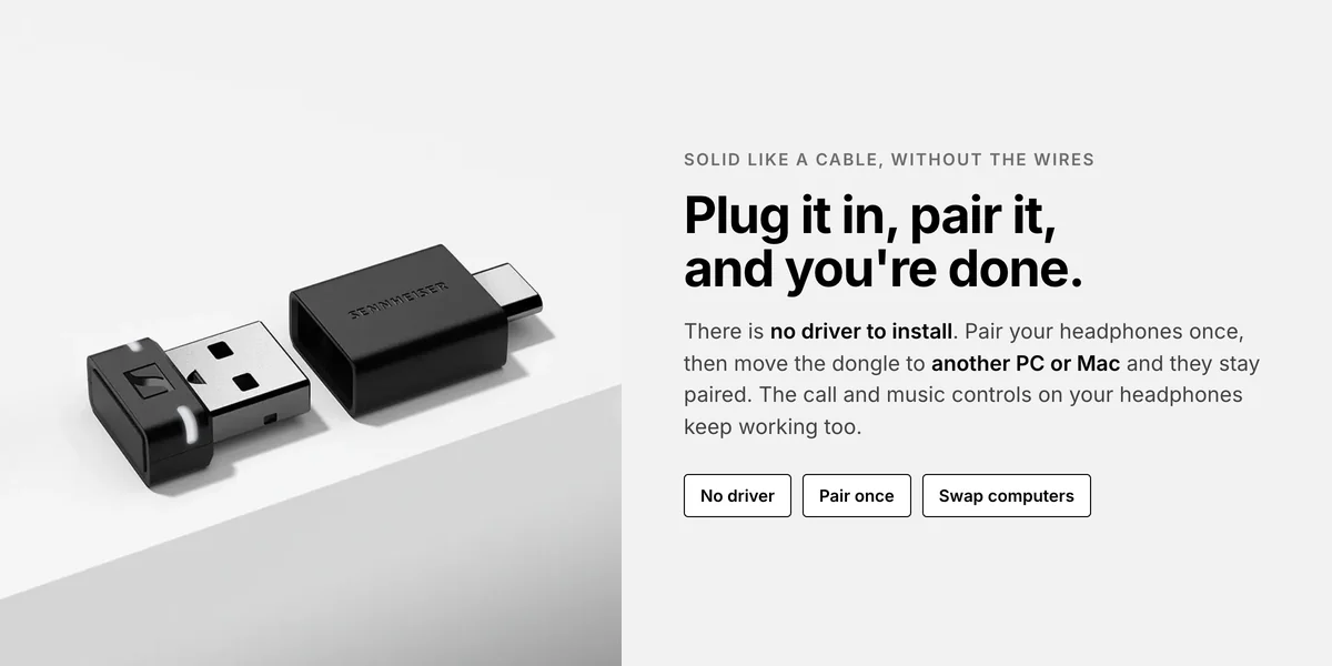 Sennheiser BTD 600 dongle and USB-C adapter, plug in with no driver and pair your headphones once