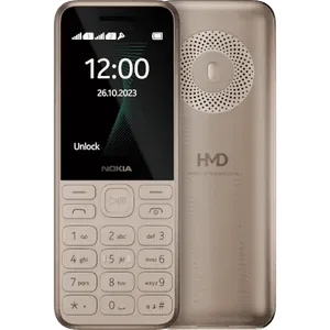 Nokia 130 Music in Light Gold, front view with the 2.4-inch screen and keypad, next to the back with the round loudspeaker