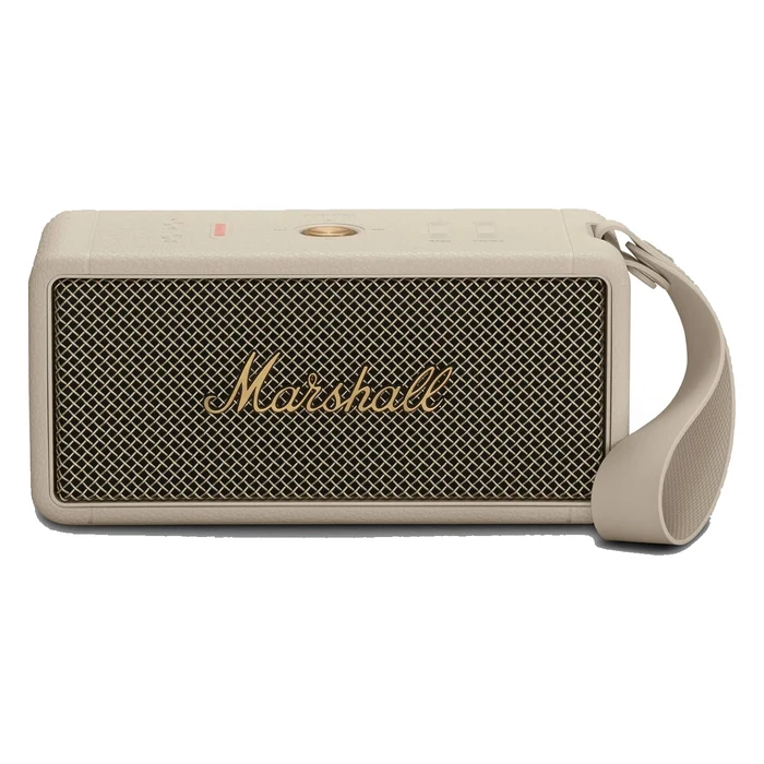 Marshall Middleton portable Bluetooth speaker in Cream, front view with the carry strap