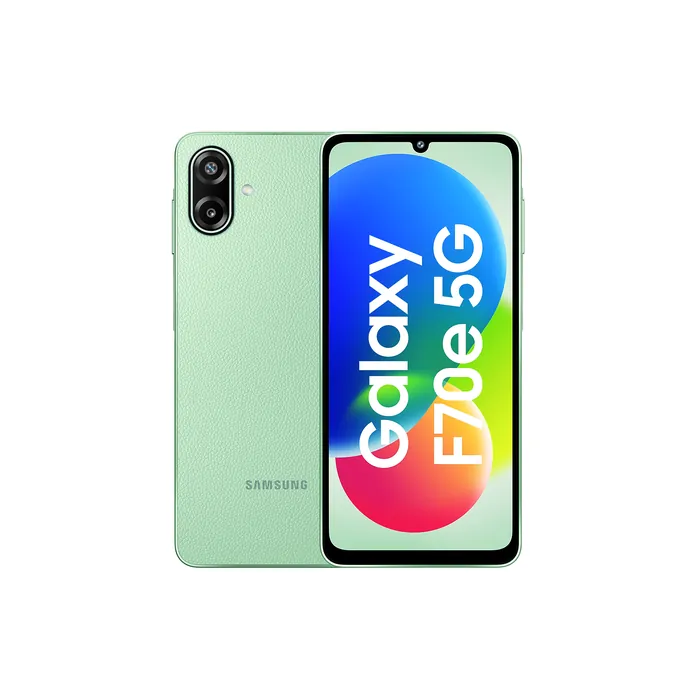 Samsung Galaxy F70e 5G in Limelight Green, back and front views