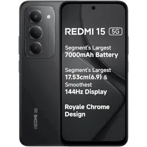 Redmi 15 5G in Midnight Black, front and back views with the key features