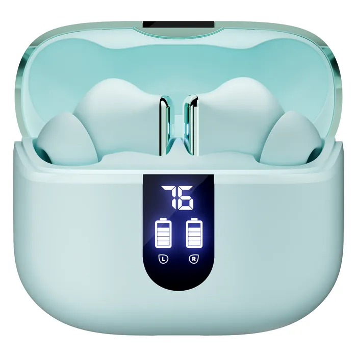 boAt Airdopes 181 Pro true wireless earbuds in Frosted Mint, earbuds in the open charging case with the digital battery display