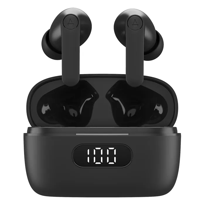 boAt Airdopes 121 Pro true wireless earbuds in Black, earbuds in the open charging case with the battery display