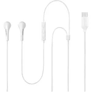 Samsung IC050 Type-C Wired Earphones - White, full view with the remote and USB-C plug