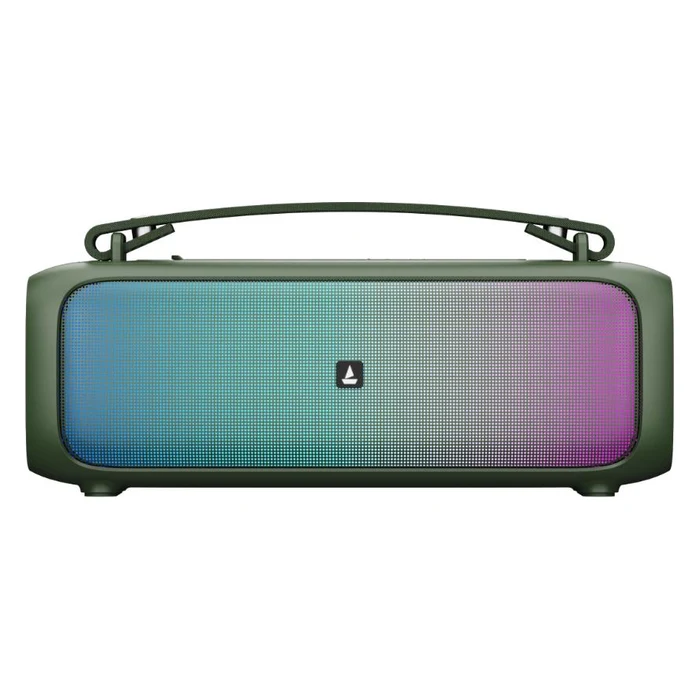 boAt Stone Beam portable Bluetooth speaker in Pine Green, front view with the RGB light panel