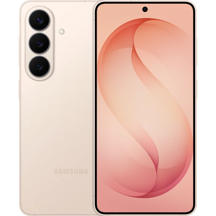 Samsung Galaxy S26 in Pink Gold, angled back and front views