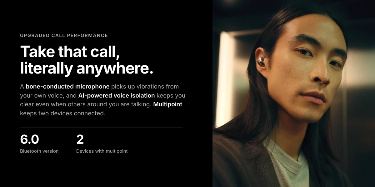 Man wearing Sennheiser Momentum True Wireless 5, bone-conducted mic, AI voice isolation, Bluetooth 6.0