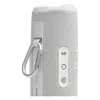 JBL Flip 7 portable Bluetooth speaker in White, carabiner on the PushLock mount beside the Bluetooth, power and Auracast buttons