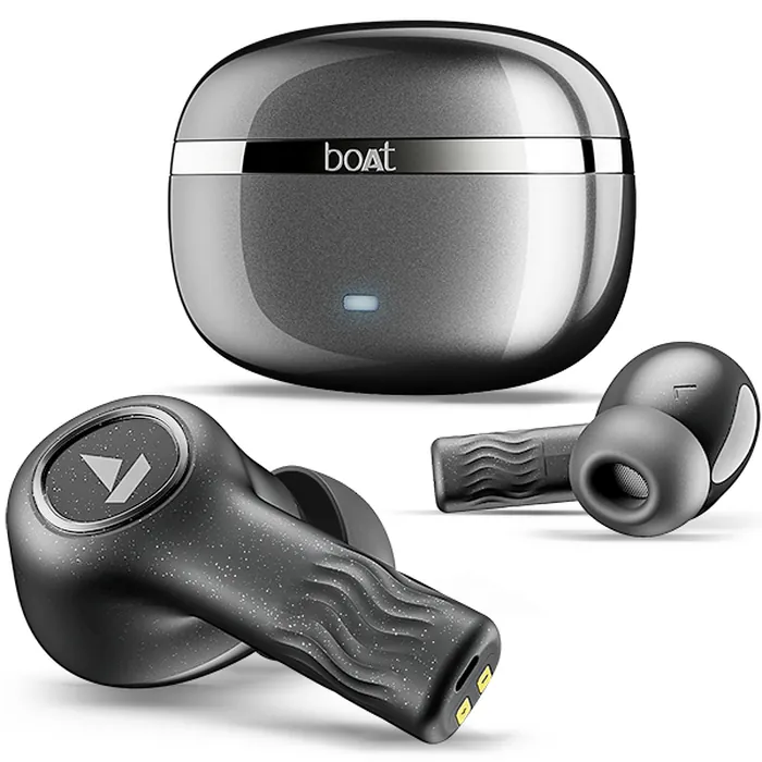 boAt Nirvana Iris true wireless earbuds in Crystal Black, earbuds with the charging case