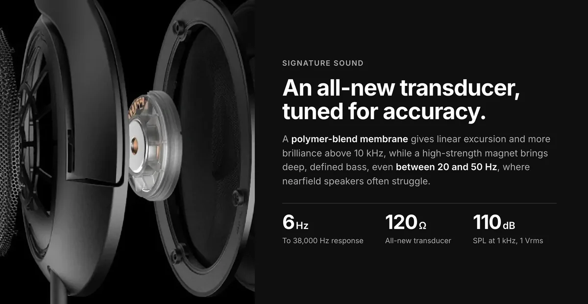 Sennheiser HD 560S transducer close-up, 120 ohm, 6 Hz to 38,000 Hz, 110 dB SPL