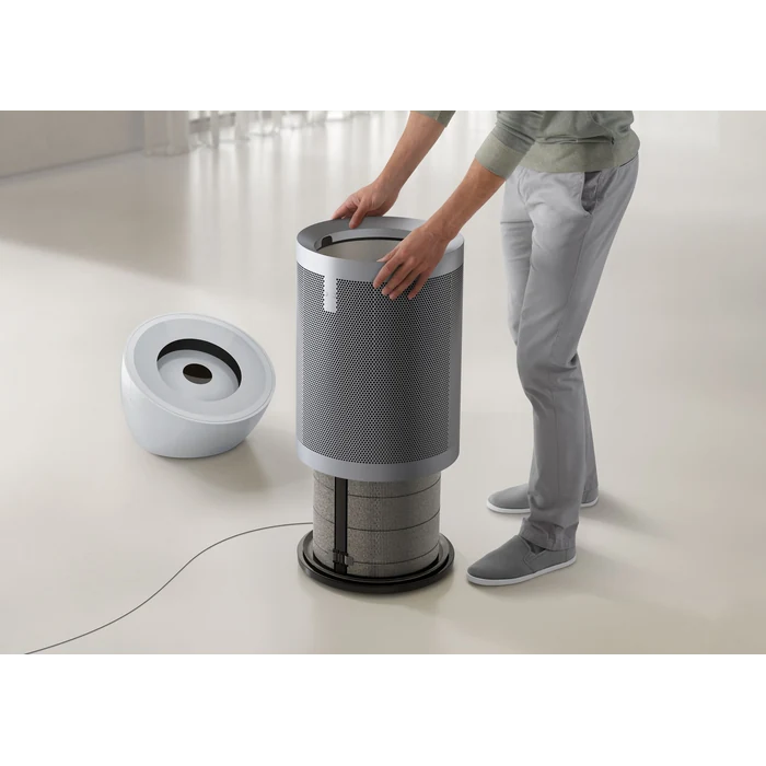 Dyson Purifier Big+Quiet BP02 air purifier in White/Satin Silver, lifting off the top to replace the filter