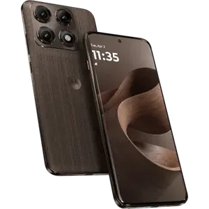 Motorola Edge 70 Pro+ in Pantone Chicory Coffee, angled back and front views