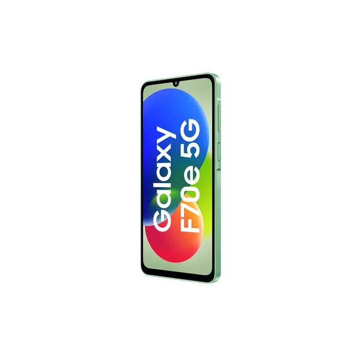 Samsung Galaxy F70e 5G in Limelight Green, angled front view