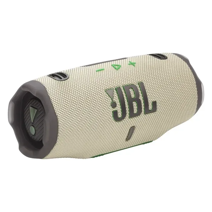 JBL Charge 6 portable Bluetooth speaker in Sand, angled front view