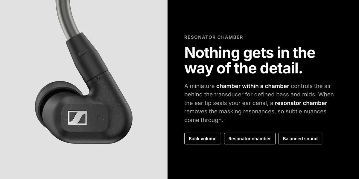 Sennheiser IE 300 earpiece close-up, back volume and resonator chambers for detailed, balanced sound