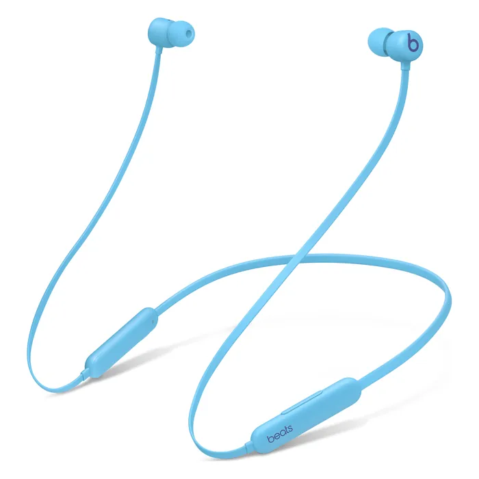 Beats Flex wireless neckband earphones in Flame Blue, angled view of the neckband and earbuds