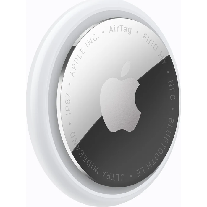 Apple AirTag (2nd generation) 4 pack, one AirTag, angled side view