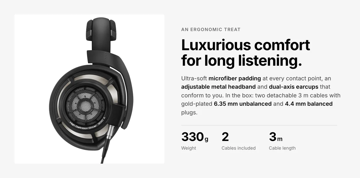 Sennheiser HD 800 S microfiber padding, dual-axis earcups, 330 g, 6.35 mm and 4.4 mm balanced cables