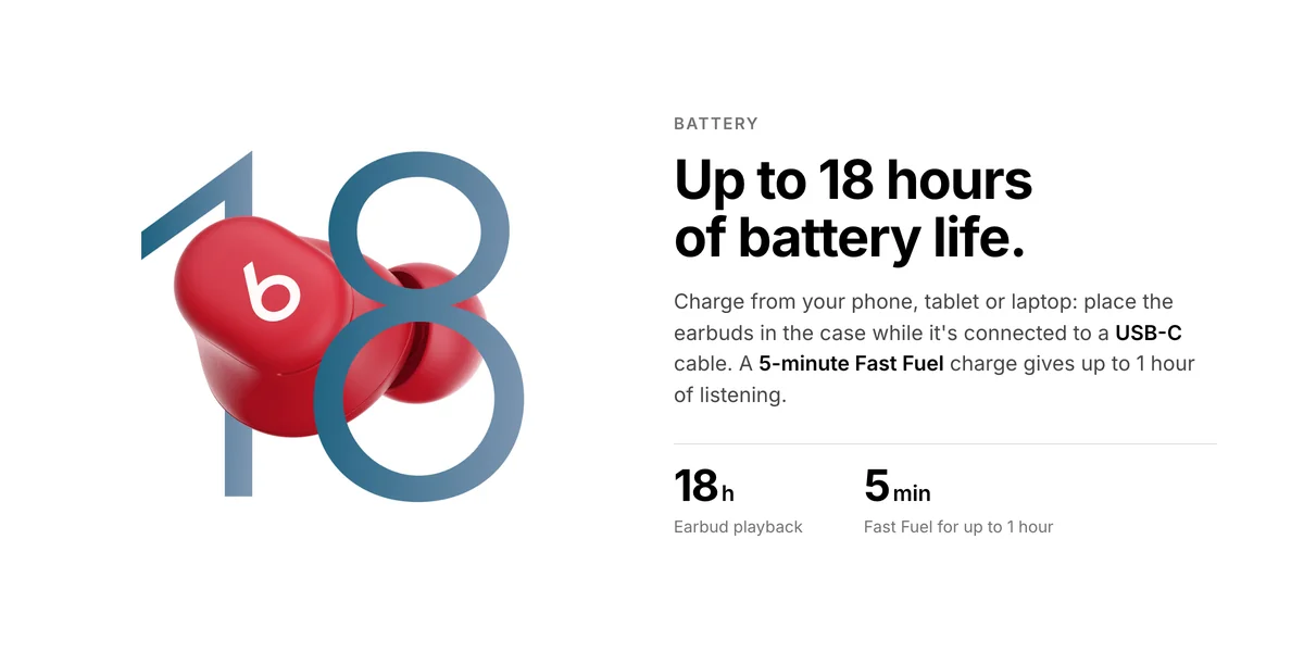 Beats Solo Buds, up to 18 hours of playback, USB-C charging and 5-minute Fast Fuel for up to 1 hour