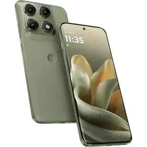 Motorola Edge 70 Pro in Pantone Tea, angled back and front views