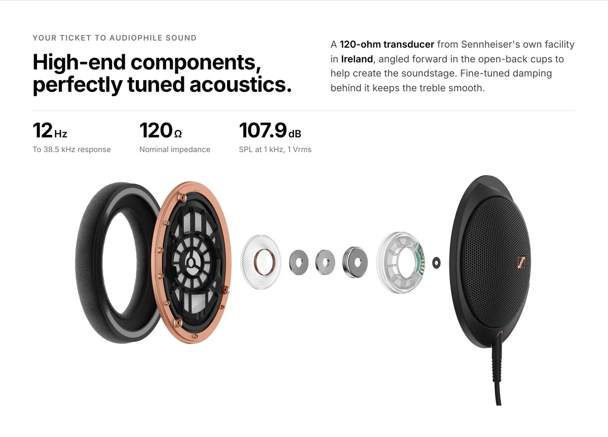 Sennheiser HD 505 exploded view, 120 ohm transducer, 12 Hz to 38.5 kHz, 107.9 dB SPL