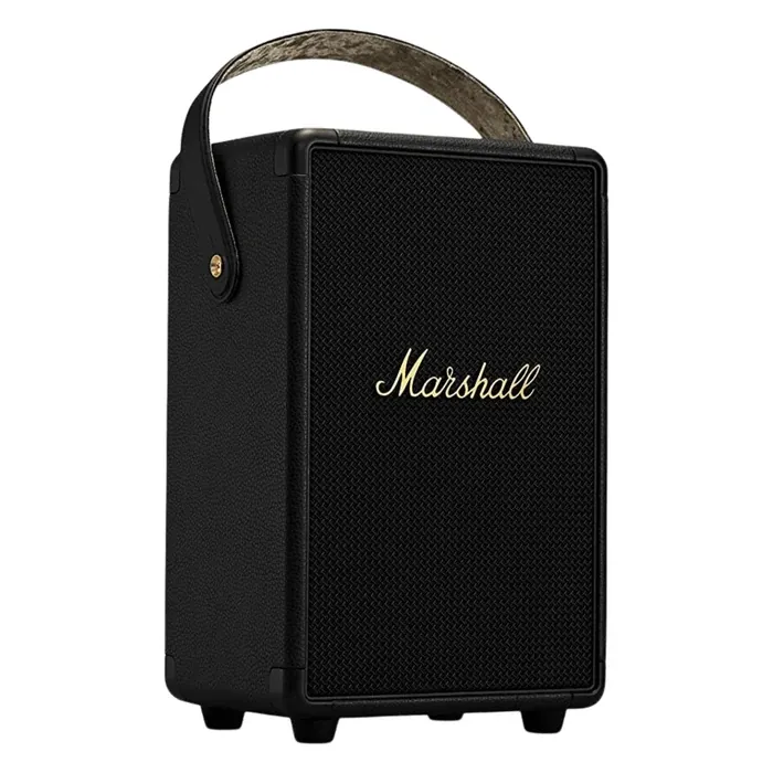 Marshall Tufton portable Bluetooth speaker in Black and Brass, angled front view with the carry strap