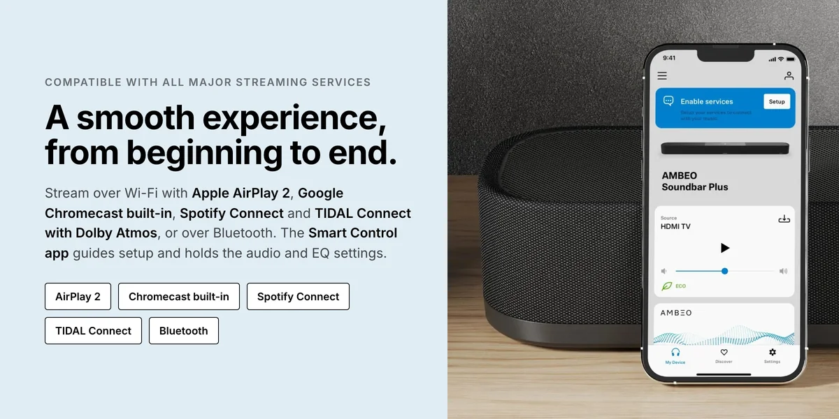 Sennheiser Smart Control app with the Ambeo Soundbar Plus, AirPlay 2, Chromecast built-in and Spotify Connect