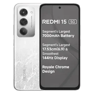 Redmi 15 5G in Frosted White, front and back views with the key features