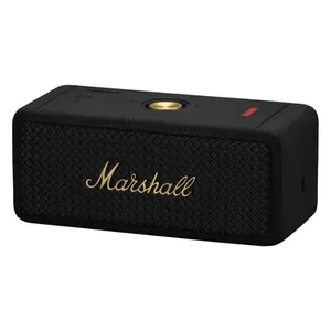 Marshall Emberton II portable Bluetooth speaker in Black and Brass, angled front view