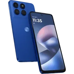 Moto G37 Power in Pantone Nautical Blue, angled back and front views
